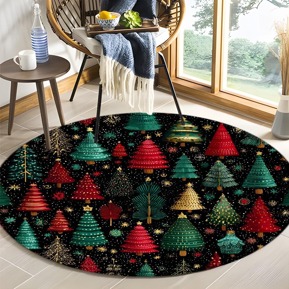 Christmas Tree Round Rug 2ft-Abstract Vintage Xmas Pine Tree Forest Green Red Yellow Plant Snowflake Watercolor Winter Holiday Microfiber Memory Foam Area Rugs for Living Room Bath Floor Rugs