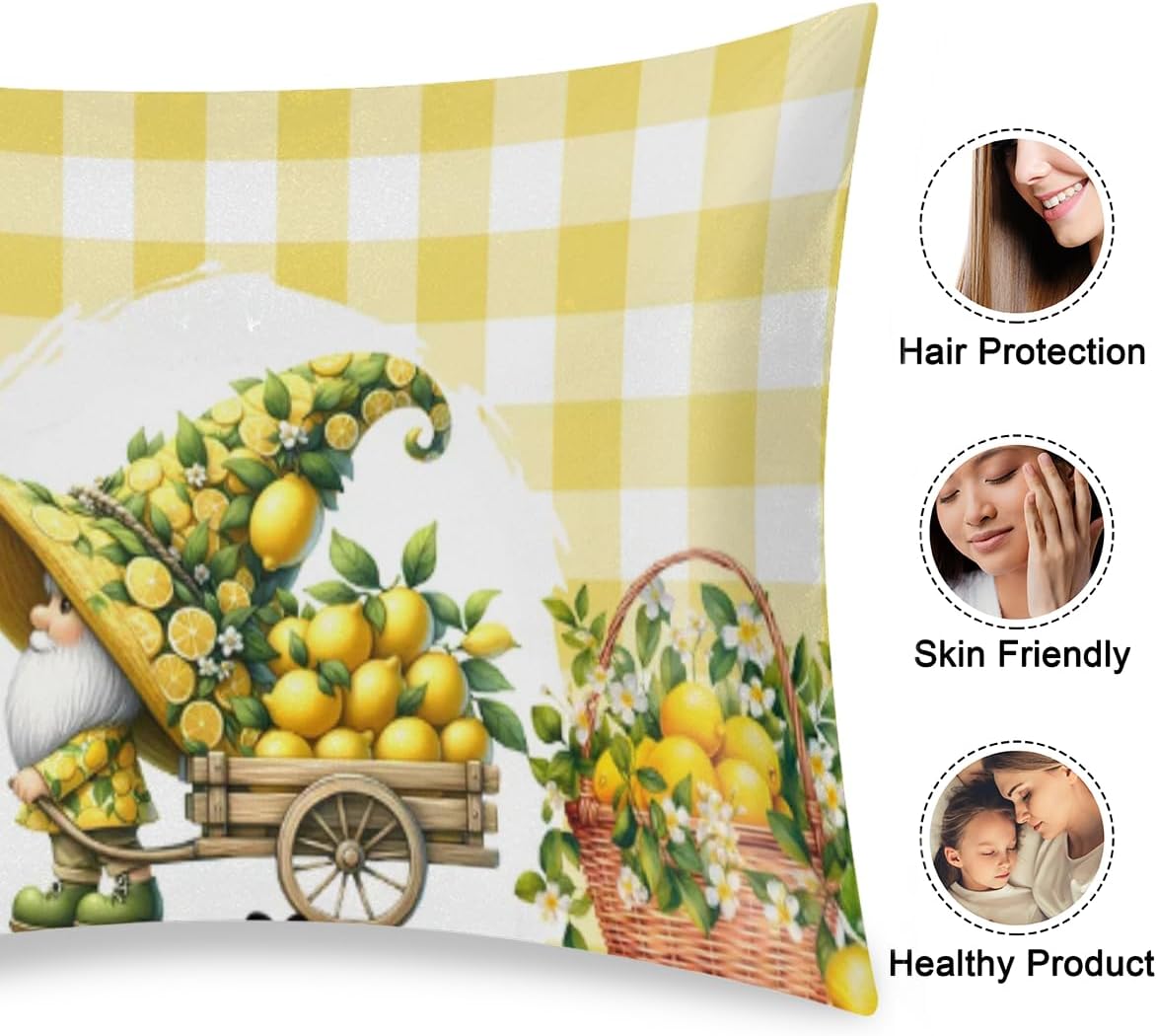 Satin Pillowcase for Hair and Skin Yellow Lemon Tree Gnome Soft Silk Pillow Case with Envelope Closure Cooling Pillow Cases Slip Standard Size Pillow Cover for Kids Boys Girls 20x26