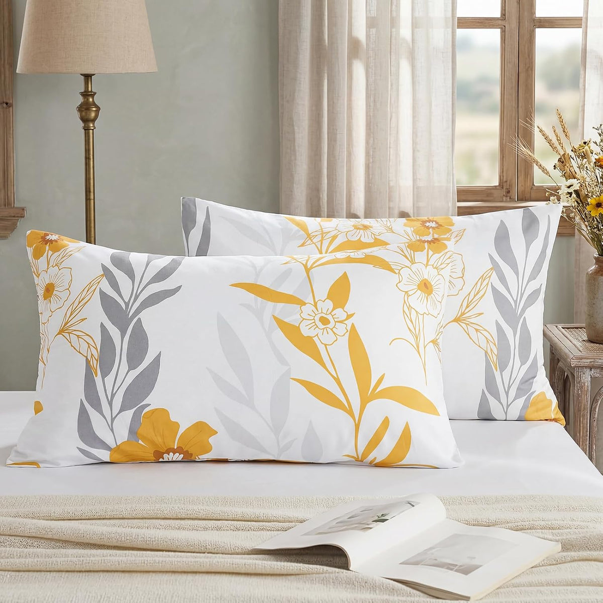 100% Cotton Pillowcases Standard Size Set of 2 Yellow Floral Pillow Covers Flower Leaf Botanical Print Decorative Pillow Cases with Pocket Closure
