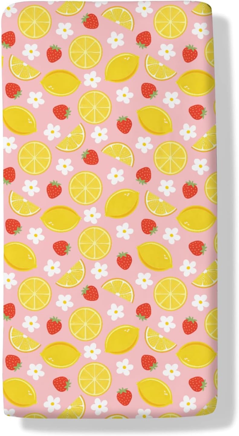 Vintage Lemon Boho Floral Baby Boys Girls Crib Sheets Pink Strawberry Daisy Flower Toddler Bed Sheets Summer Fruit Fitted Crib Mattress Cover for Standard Crib Mattresses 52''x28''