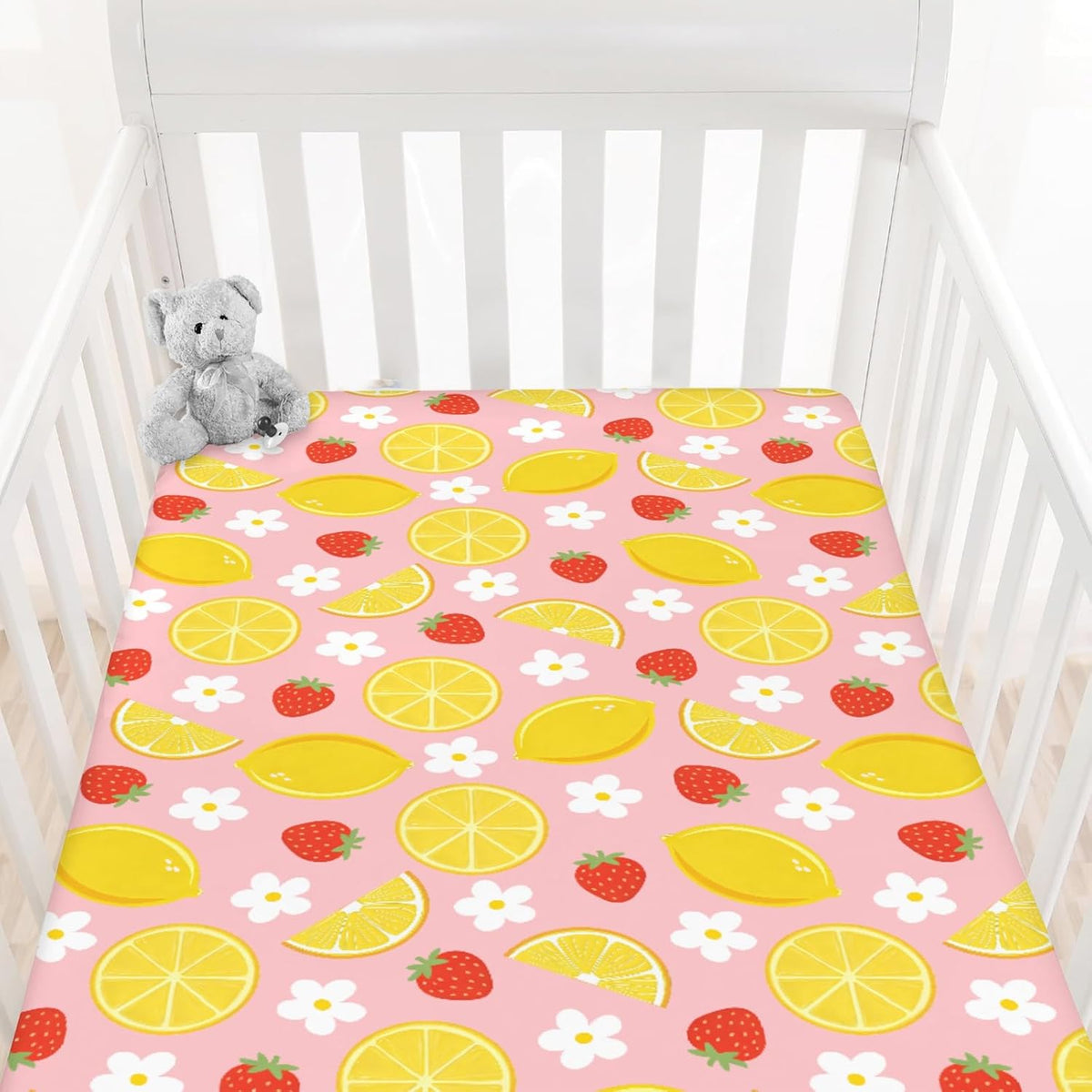 Vintage Lemon Boho Floral Baby Boys Girls Crib Sheets Pink Strawberry Daisy Flower Toddler Bed Sheets Summer Fruit Fitted Crib Mattress Cover for Standard Crib Mattresses 52''x28''