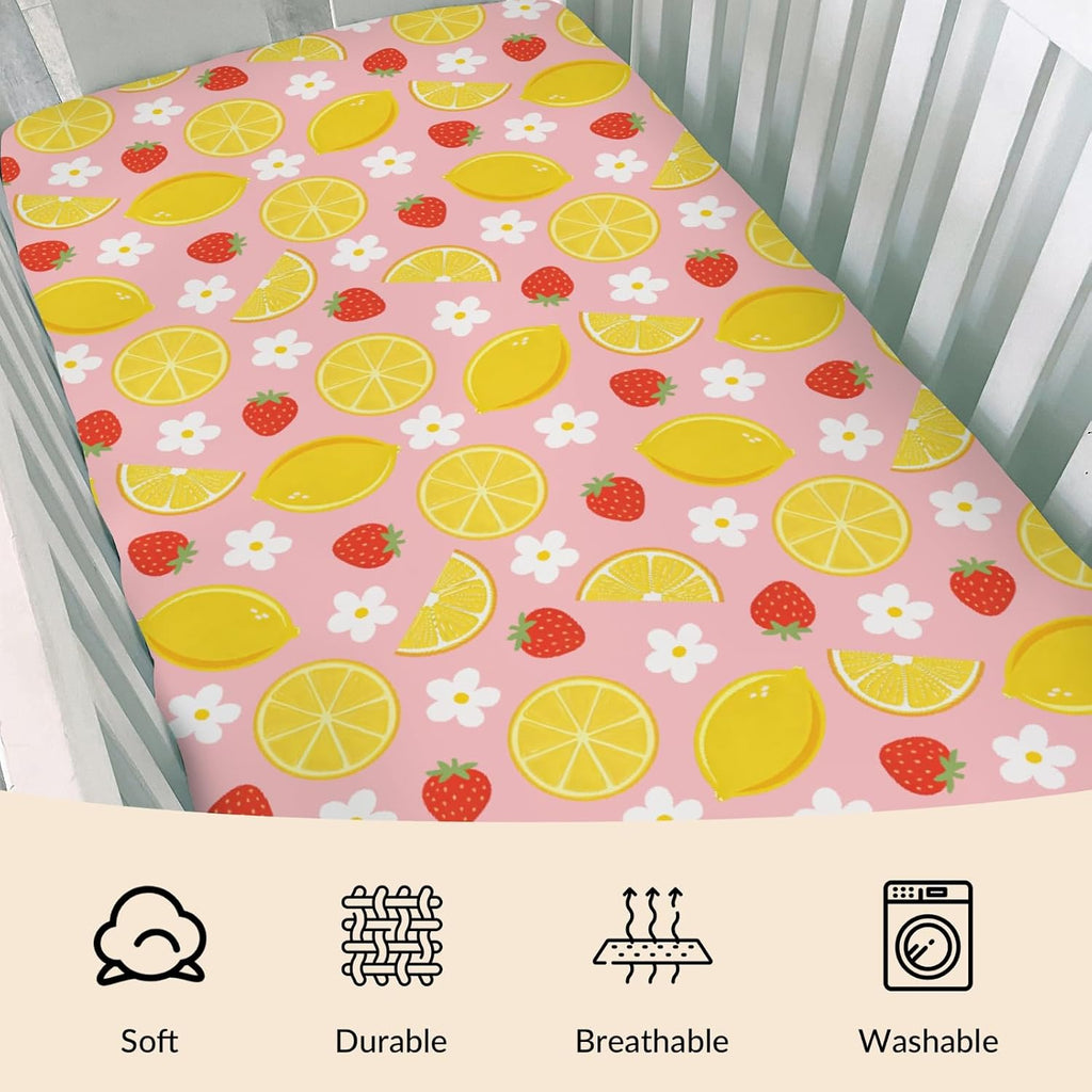 Vintage Lemon Boho Floral Baby Boys Girls Crib Sheets Pink Strawberry Daisy Flower Toddler Bed Sheets Summer Fruit Fitted Crib Mattress Cover for Standard Crib Mattresses 52''x28''