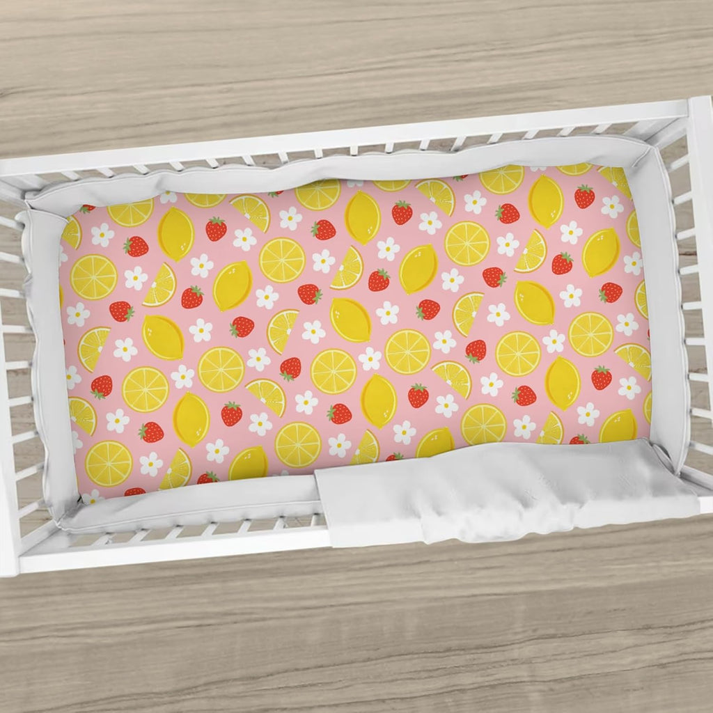 Vintage Lemon Boho Floral Baby Boys Girls Crib Sheets Pink Strawberry Daisy Flower Toddler Bed Sheets Summer Fruit Fitted Crib Mattress Cover for Standard Crib Mattresses 52''x28''