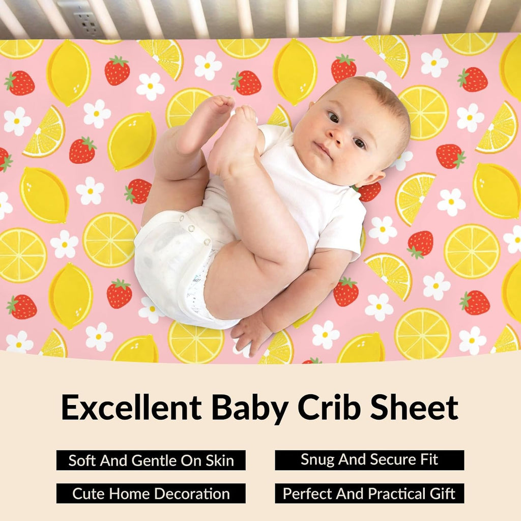 Vintage Lemon Boho Floral Baby Boys Girls Crib Sheets Pink Strawberry Daisy Flower Toddler Bed Sheets Summer Fruit Fitted Crib Mattress Cover for Standard Crib Mattresses 52''x28''