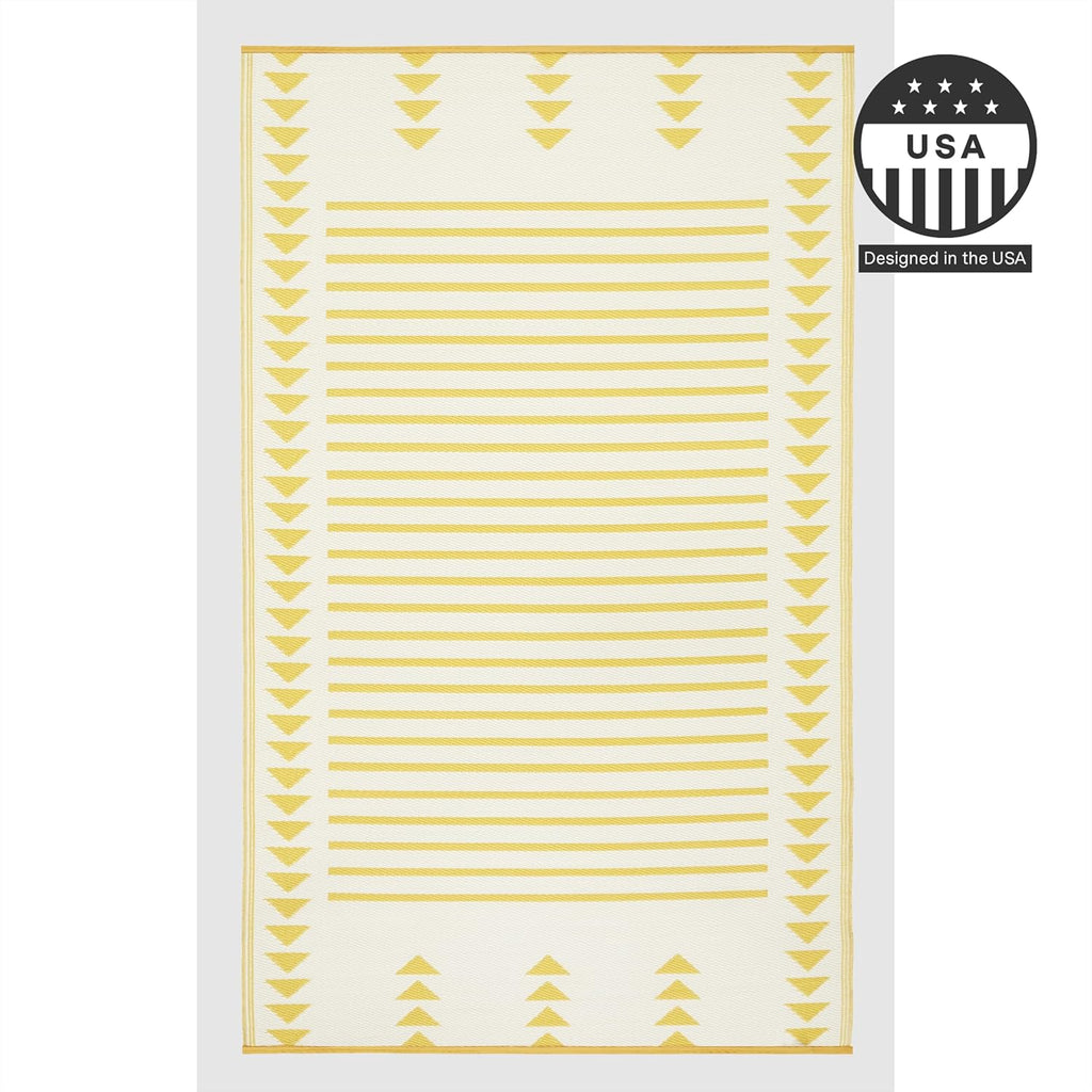 Outdoor Rug - Waterproof, Fade Resistant, Crease-Free - Premium Recycled Plastic - Geometric - Porch, Deck, Balcony, Mudroom, Laundry Room, Patio - Hampton - Yellow Crease Free - 3 x 5 ft