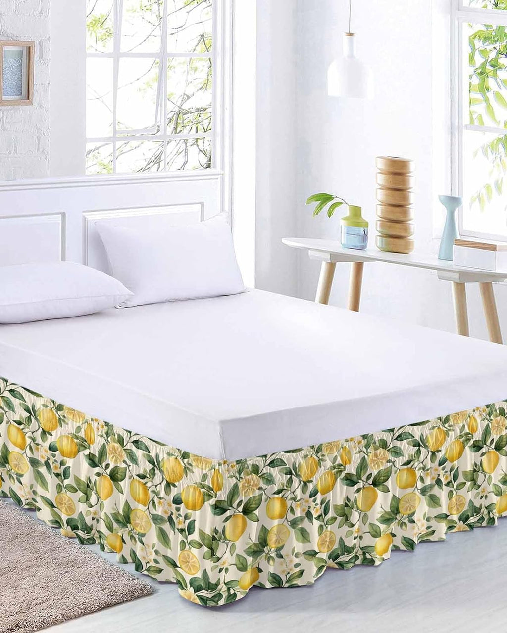 Lemon Flower Bed Skirt Queen Size 16 Inch Drop, Adjustable Elastic Wrap Around Bed Skirts Easy Fitting Dust Ruffle Bedskirt Bed Frame Cover Green Leaf Fruit Botanical Plant Yellow