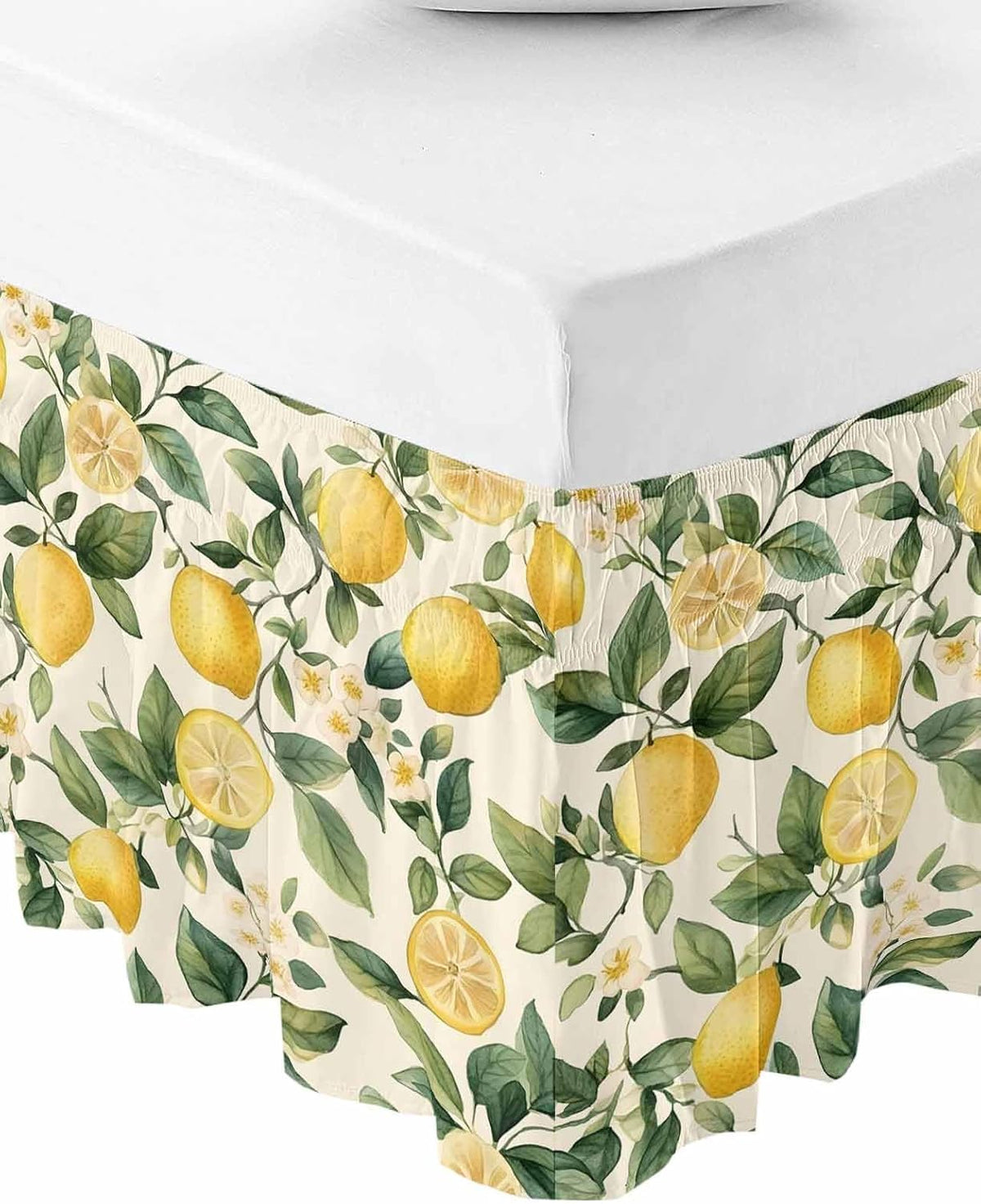 Lemon Flower Bed Skirt Queen Size 16 Inch Drop, Adjustable Elastic Wrap Around Bed Skirts Easy Fitting Dust Ruffle Bedskirt Bed Frame Cover Green Leaf Fruit Botanical Plant Yellow