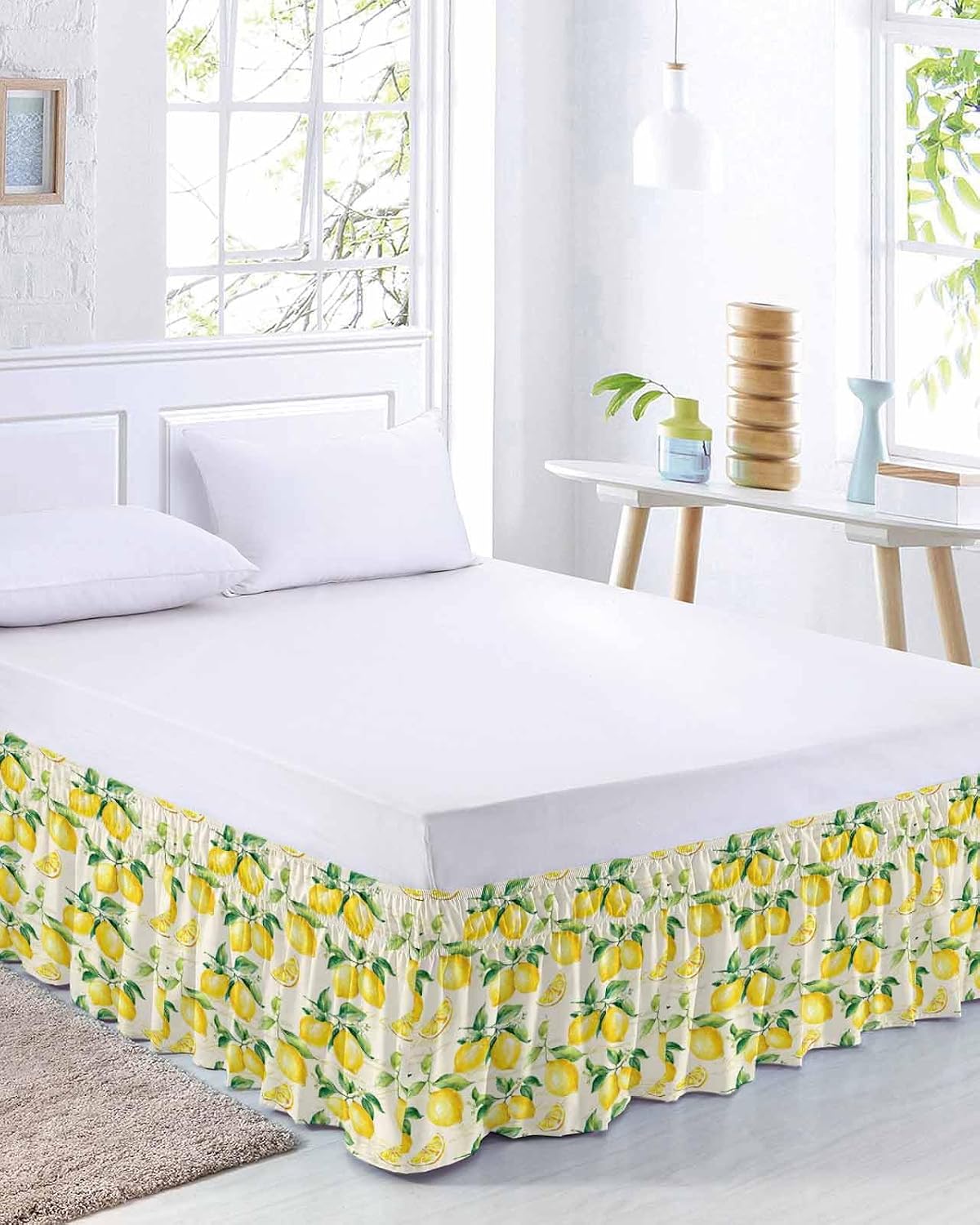 Yellow Lemon Bed Skirt Queen Size 16 Inch Drop, Adjustable Elastic Wrap Around Bed Skirts Easy Fitting Dust Ruffle Bedskirt Bed Frame Cover Summer Fruit Green Retro Farmhouse Leaf