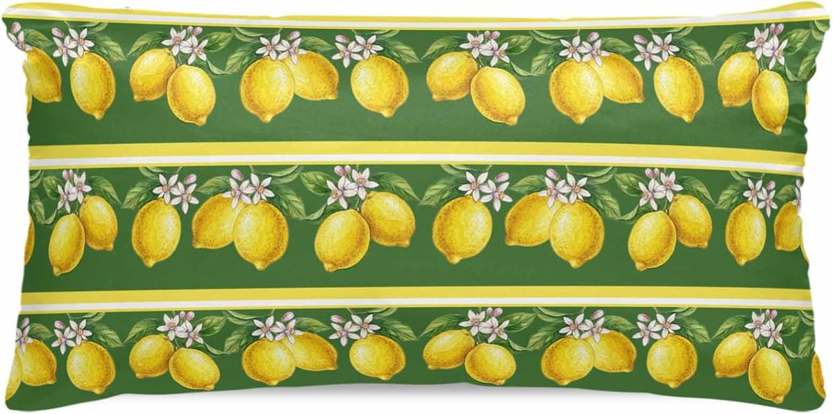 Summer Lemons Satin Pillowcase for Hair and Skin, Yellow Fruit Leaf Striped Green Background Silky Pillow Cases Standard Size with Zipper 1 Pack Soft Cooling Pillow Cover for Women Men, 20''x40''