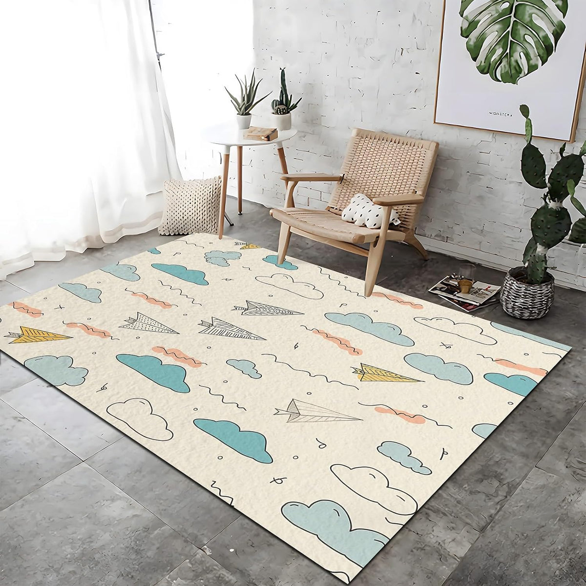 Washable Rugs 2 X 3 Ft, Modern Abstract Geometric Shapes Carpets, Ultra Soft Faux Wool Rug, Non Slip & Non-Shedding Low Pile Light Yellow Print Carpets for Living Room Bedroom Home Office Decor