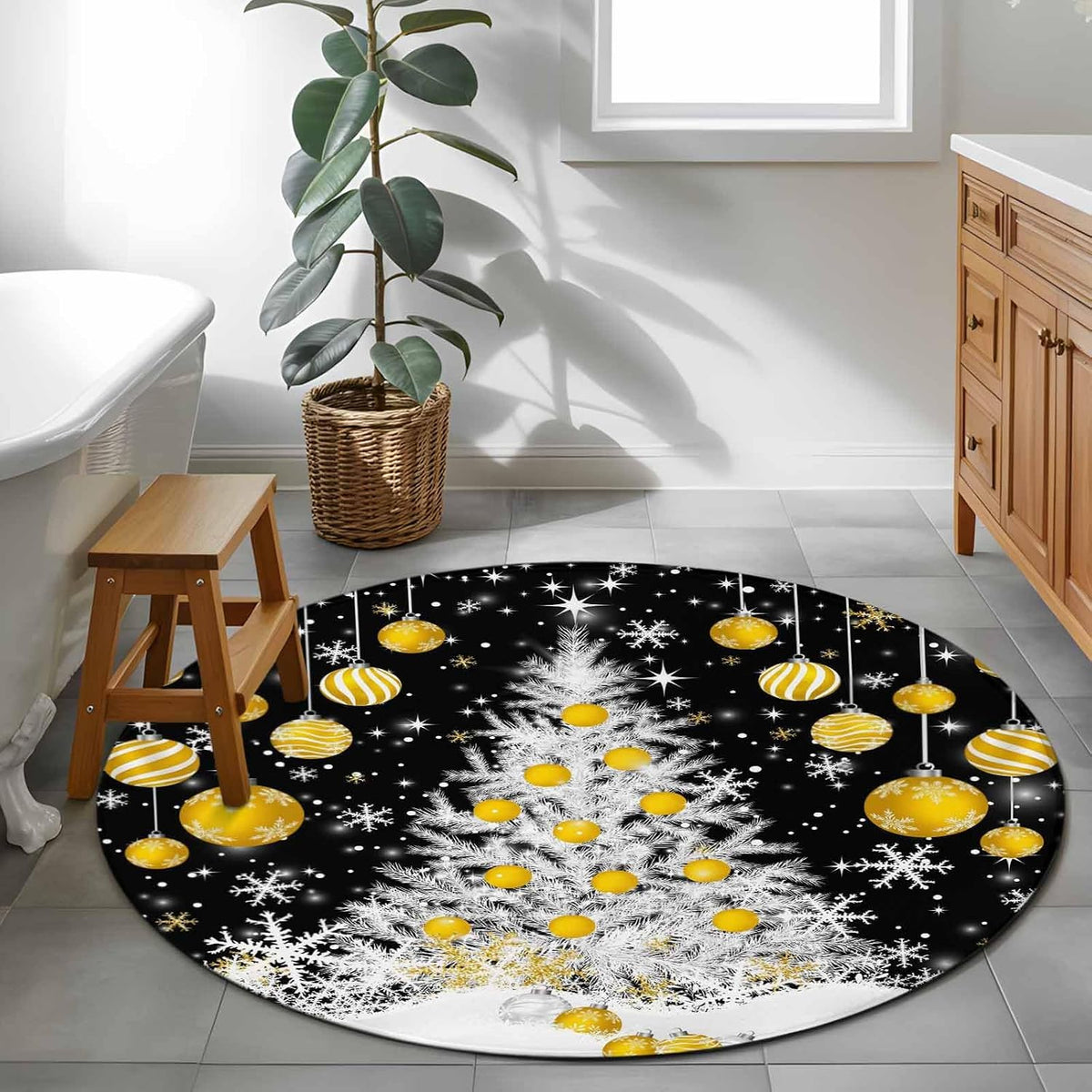 Round Rugs 3.3 Ft, Black Yellow Christmas Non Slip Area Rugs for Kitchen Bedroom Entryway, Xmas Tree Snowflake Winter Washable Carpet Runner Rug Floor Mats for Bedroom Home Decor