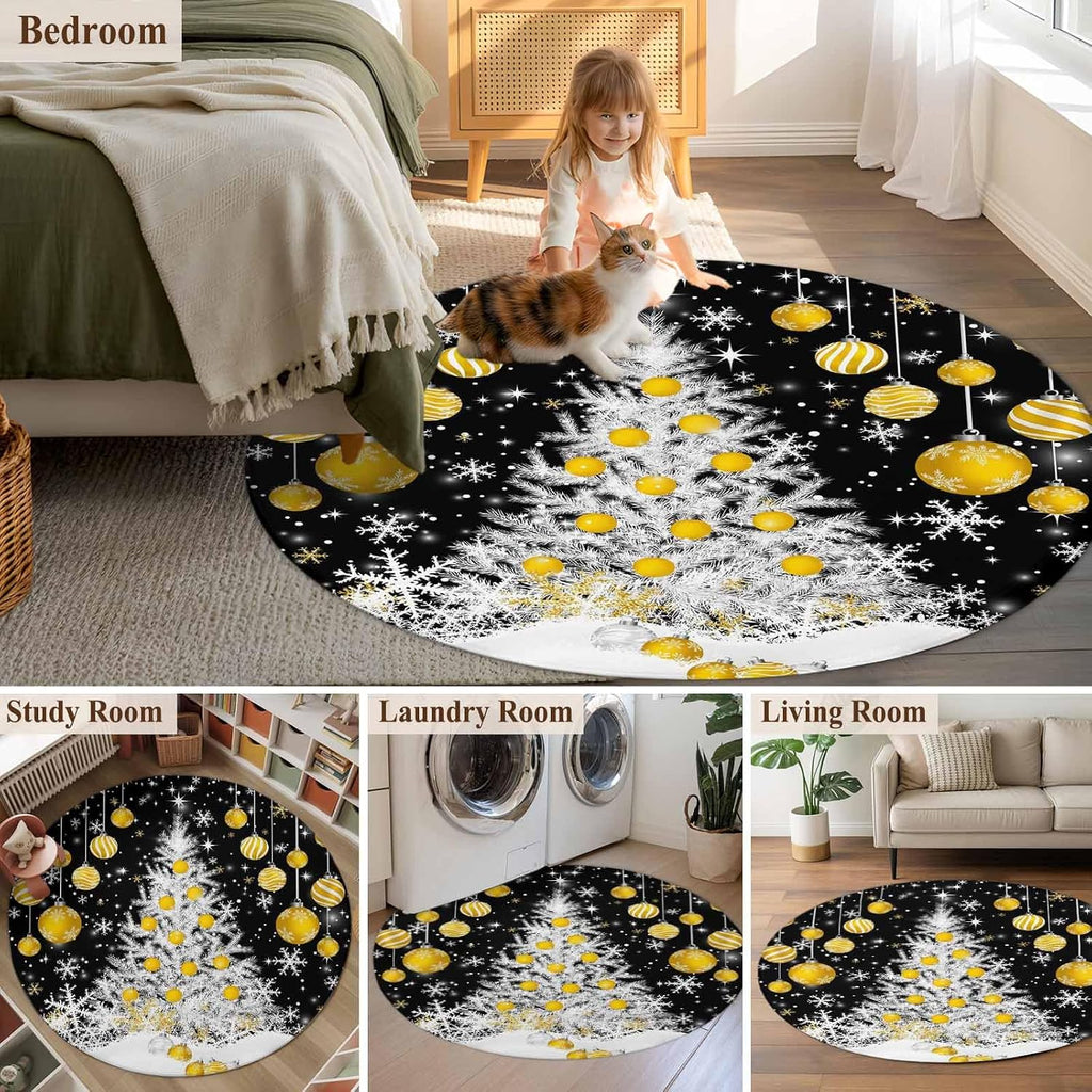 Round Rugs 3.3 Ft, Black Yellow Christmas Non Slip Area Rugs for Kitchen Bedroom Entryway, Xmas Tree Snowflake Winter Washable Carpet Runner Rug Floor Mats for Bedroom Home Decor