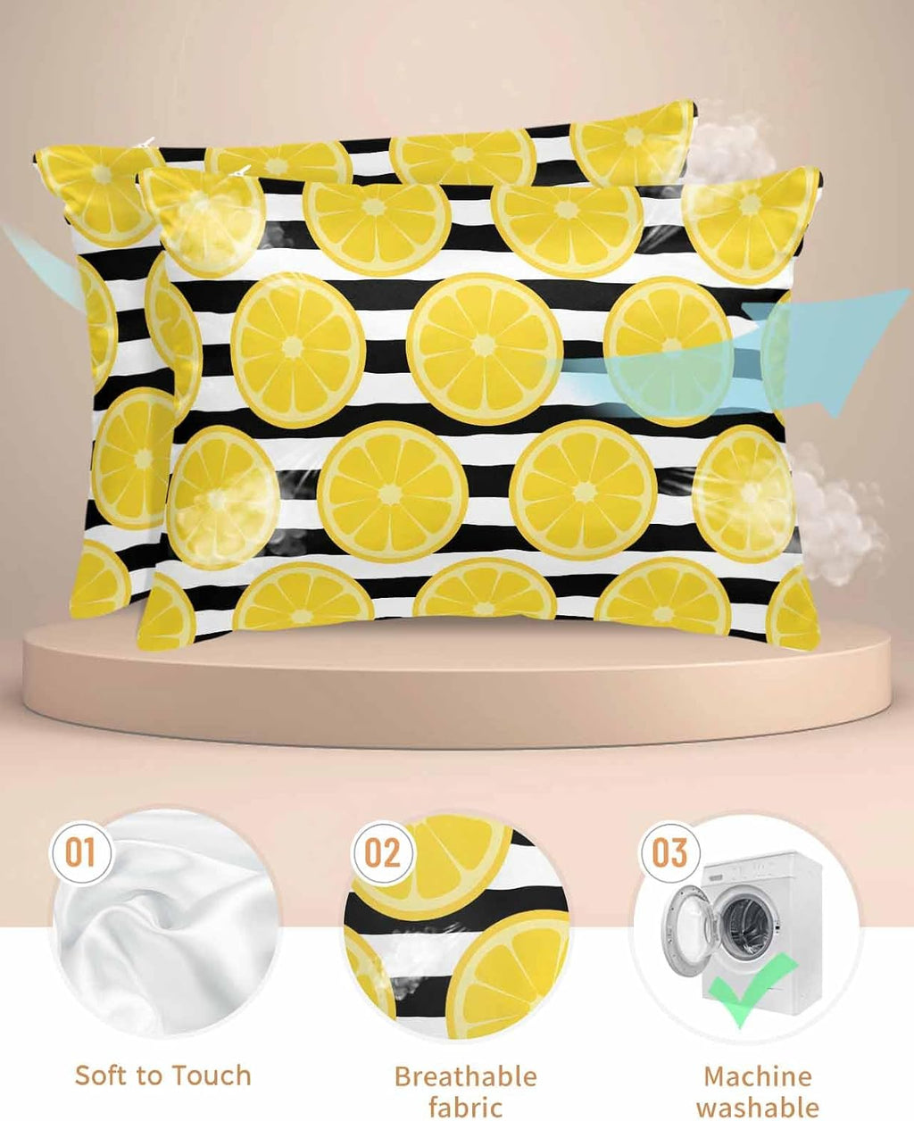 Yellow Lemon Pillow Cases Standard Size Set of 2, Summer Botanical Fruits Black White Stripes Satin Pillowcase with Zipper for Hair/Skin, Decorative Pillow Covers for Bed/Couch/Sofa, 20x26 Inches