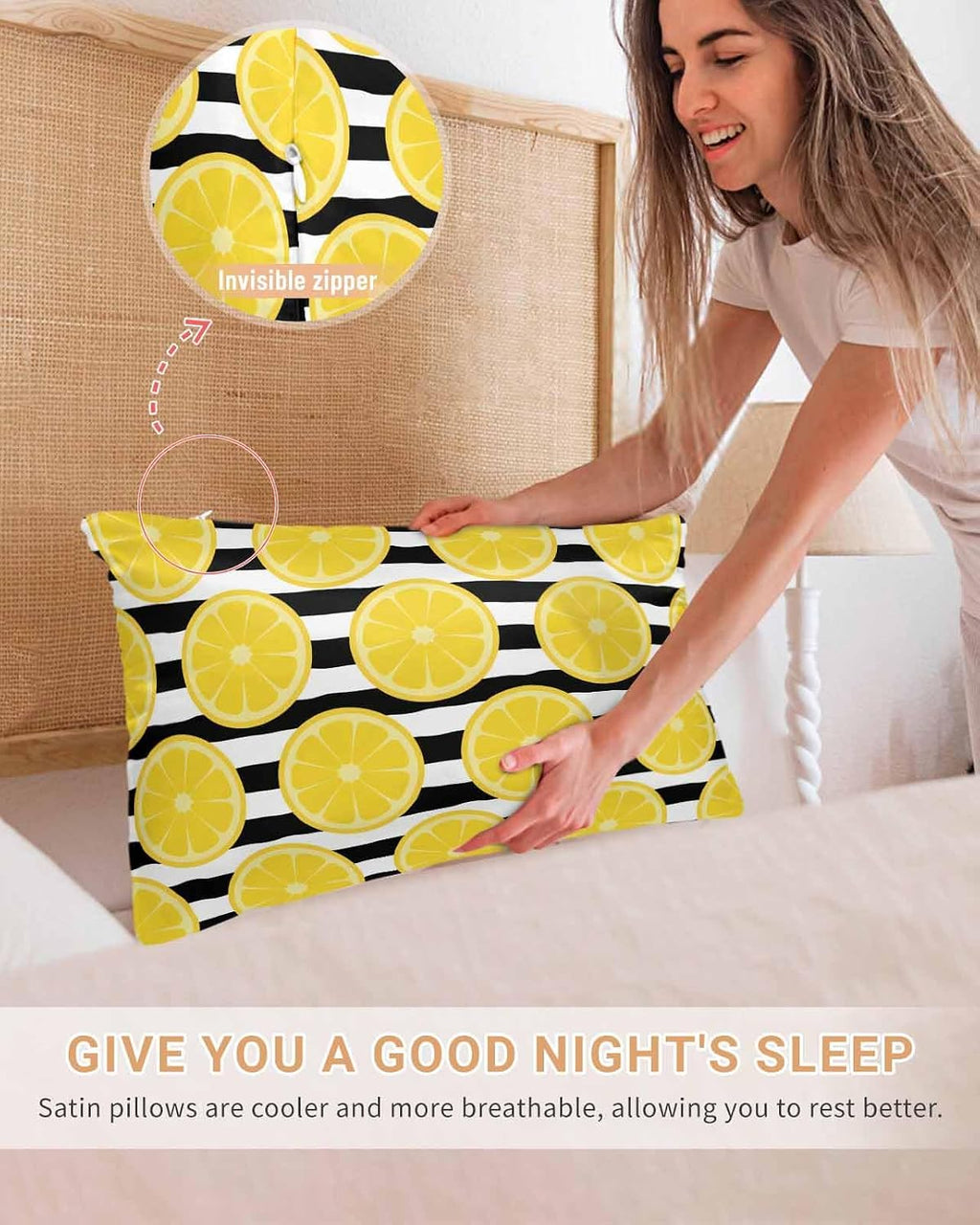 Yellow Lemon Pillow Cases Standard Size Set of 2, Summer Botanical Fruits Black White Stripes Satin Pillowcase with Zipper for Hair/Skin, Decorative Pillow Covers for Bed/Couch/Sofa, 20x26 Inches