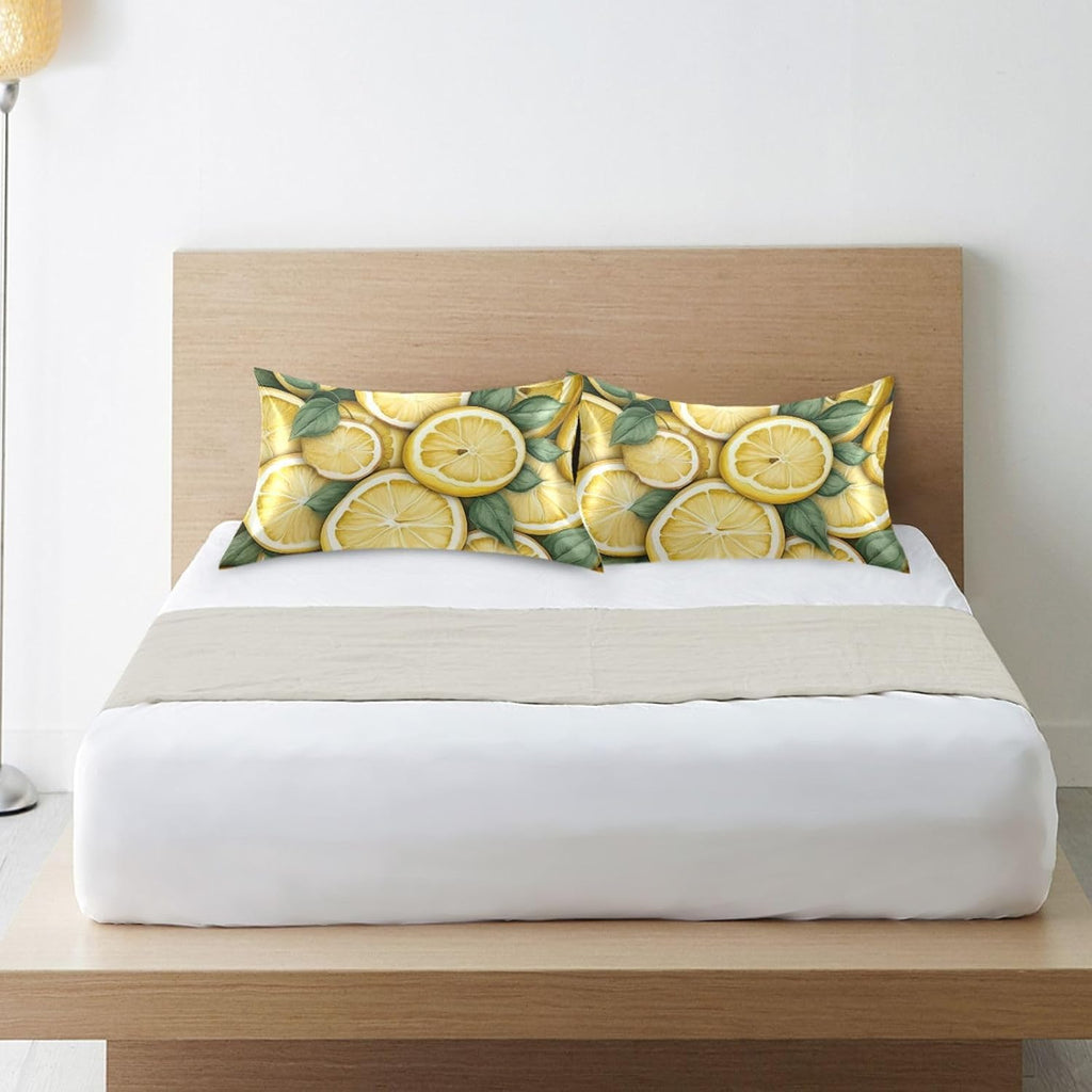 Yellow Lemons Leaves Satin Pillowcase for Hair and Skin Body Bed Pillow Cases Standard Size 20"X26" Throw Pillow with Envelope Closure for Men