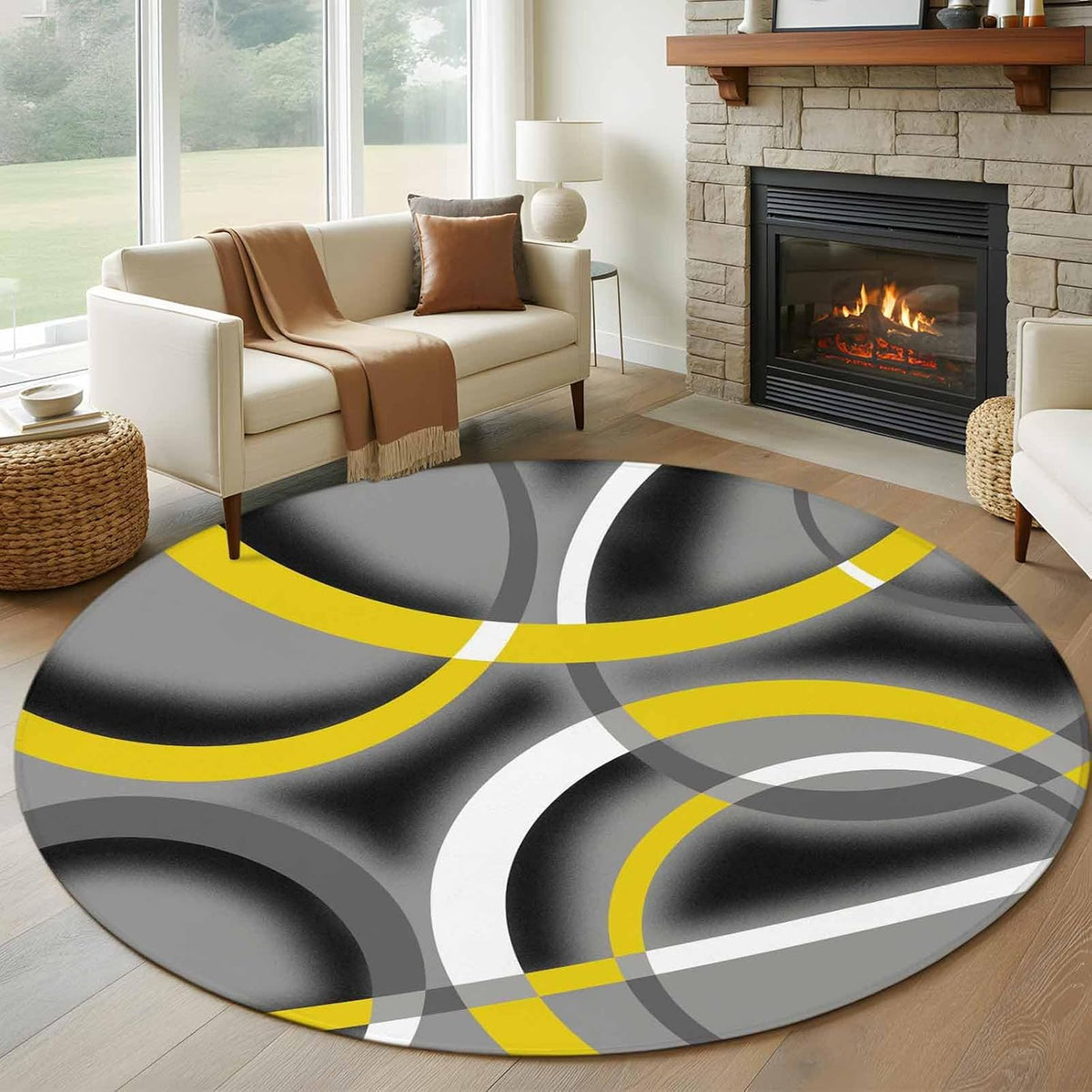 Large Area Rugs for Bedroom Living Room, Yellow Geometric Soft Non Slip Carpet Bedside Rug, Gray Black Retro Abstract Stripes Lines Round Floor Cover Kitchen Accent Rug 6' for Dining Room/Office