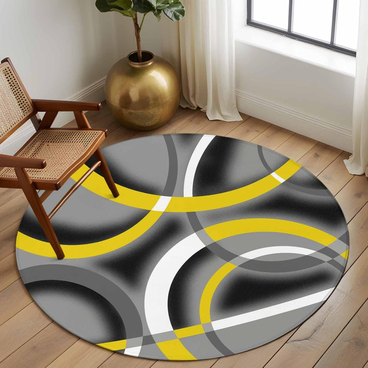 Large Area Rugs for Bedroom Living Room, Yellow Geometric Soft Non Slip Carpet Bedside Rug, Gray Black Retro Abstract Stripes Lines Round Floor Cover Kitchen Accent Rug 6' for Dining Room/Office