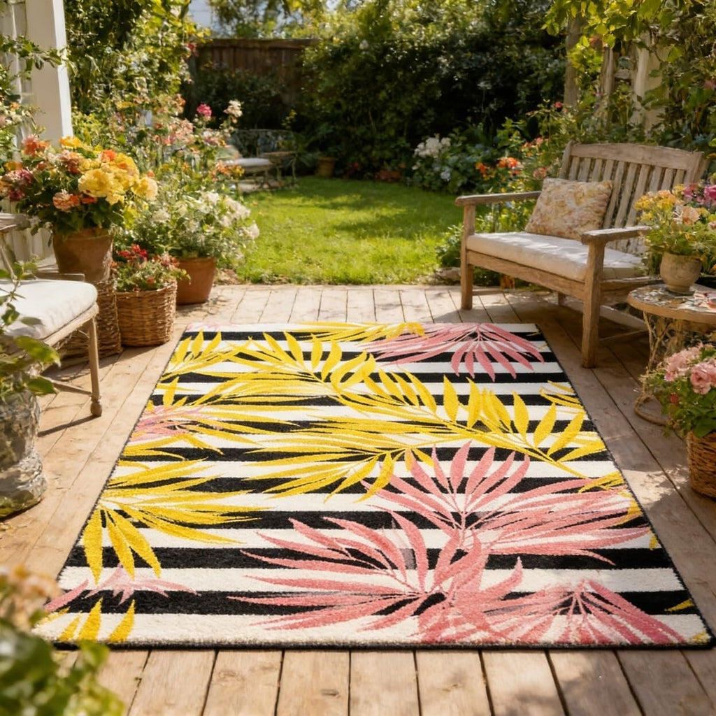 Yellow Pink Leaf Indoor Outdoor Rugs for Camping Patio Balcony Backyard Nursery Black and White Striped Rug 5x8 Garden Pool Front Yard Home Entrance Durable Anti Slip Tropical Area Rug