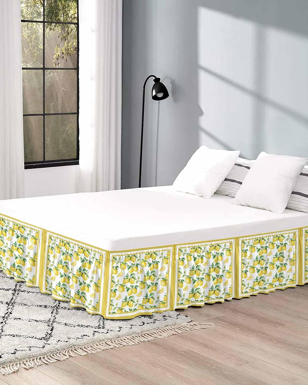 Yellow Lemon Bed Skirt Queen Size 16 Inch Drop, Adjustable Elastic Wrap Around Bed Skirts Easy Fitting Dust Ruffle Bedskirt Bed Frame Cover Summer Watercolor Oil Painting Fruits