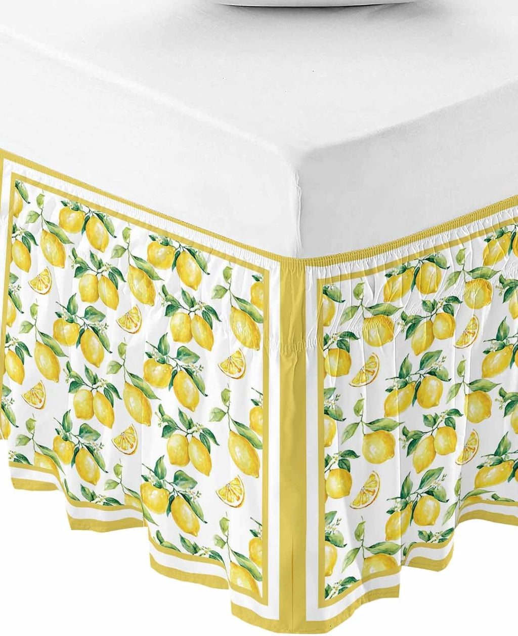 Yellow Lemon Bed Skirt Queen Size 16 Inch Drop, Adjustable Elastic Wrap Around Bed Skirts Easy Fitting Dust Ruffle Bedskirt Bed Frame Cover Summer Watercolor Oil Painting Fruits