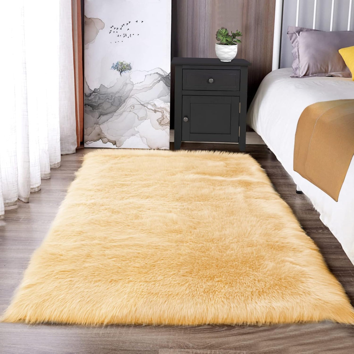 Yellow Rug for Bedroom 3x5 Area Bedside Rug Faux Sheepskin Fur Rugs for Living Room Décor Boho Rugs, Rectangle