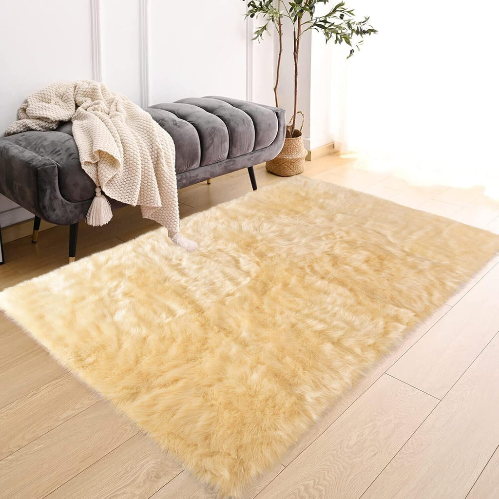 Yellow Rug for Bedroom 3x5 Area Bedside Rug Faux Sheepskin Fur Rugs for Living Room Décor Boho Rugs, Rectangle