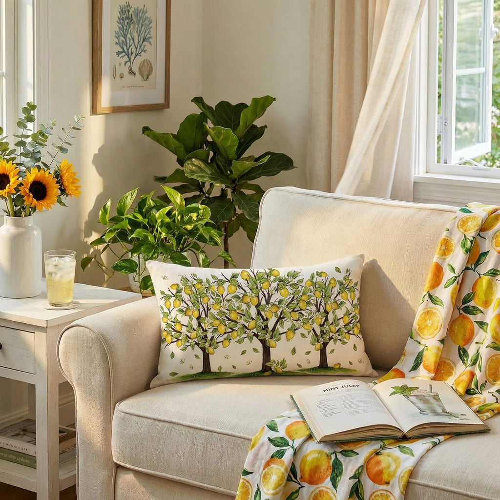 Summer Lemon Trees Pillow Cover 12x20 Inch - Farmhouse Lemon Citrus Decor Throw Pillow Case for Sofa, Bedroom, Living Room