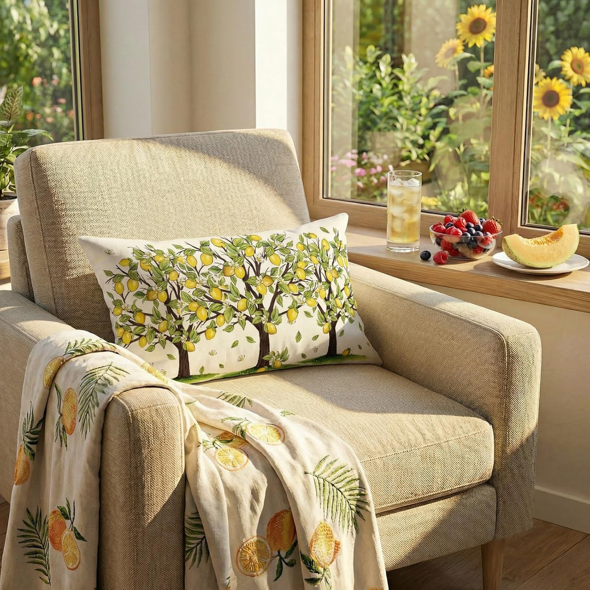 Summer Lemon Trees Pillow Cover 12x20 Inch - Farmhouse Lemon Citrus Decor Throw Pillow Case for Sofa, Bedroom, Living Room