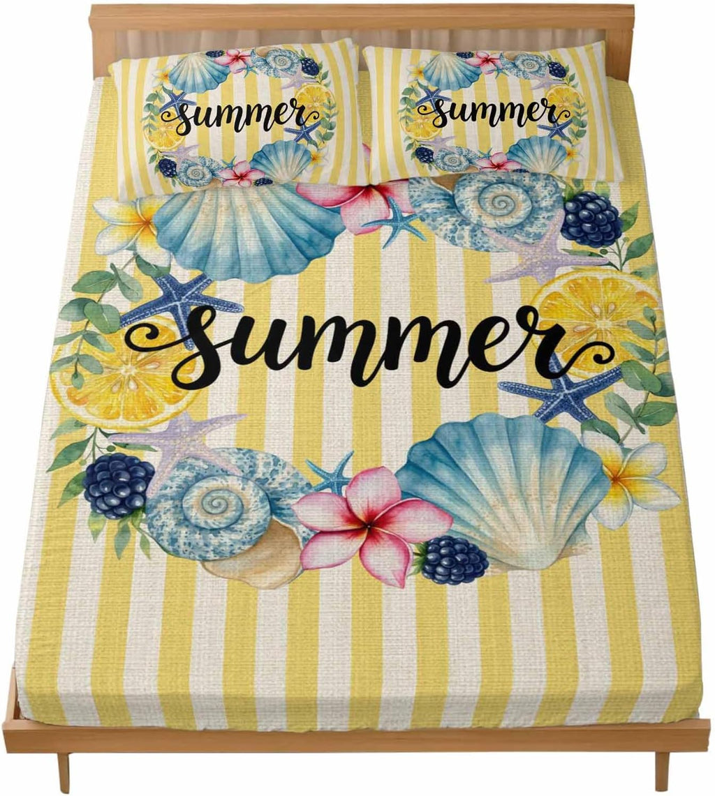 3 Pieces Twin XL Fitted Sheet Set, Summer Sea Stars Shells Lemon Deep Pocket Up to 16", Vintage Yellow Striped Soft Elastic Bed Sheets and Pillow Cases Secure Fit