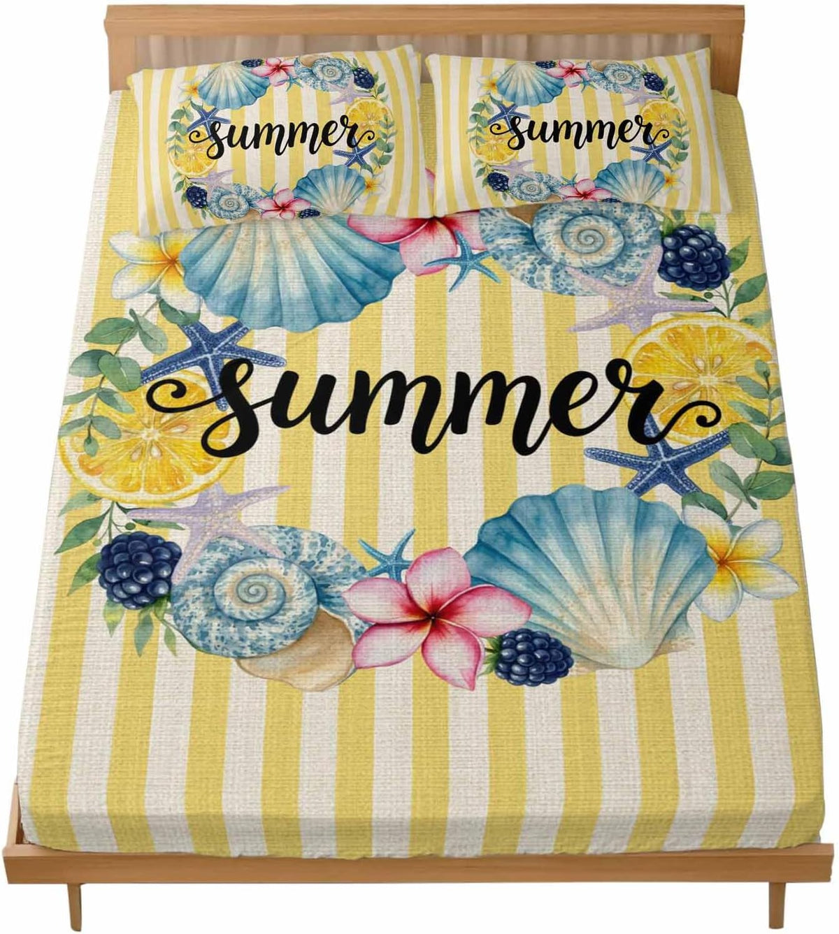 3 Pieces Twin XL Fitted Sheet Set, Summer Sea Stars Shells Lemon Deep Pocket Up to 16", Vintage Yellow Striped Soft Elastic Bed Sheets and Pillow Cases Secure Fit