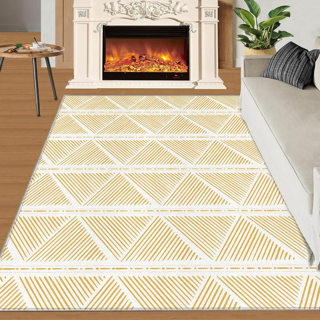 Geometric Rugs for Living Room - 4x5 Rug, Modern Simple Art Rugs for Bedroom, Bohemian Area Rug, Washable Non-Slip Carpet for Office Study Home Decor - Light Yellow