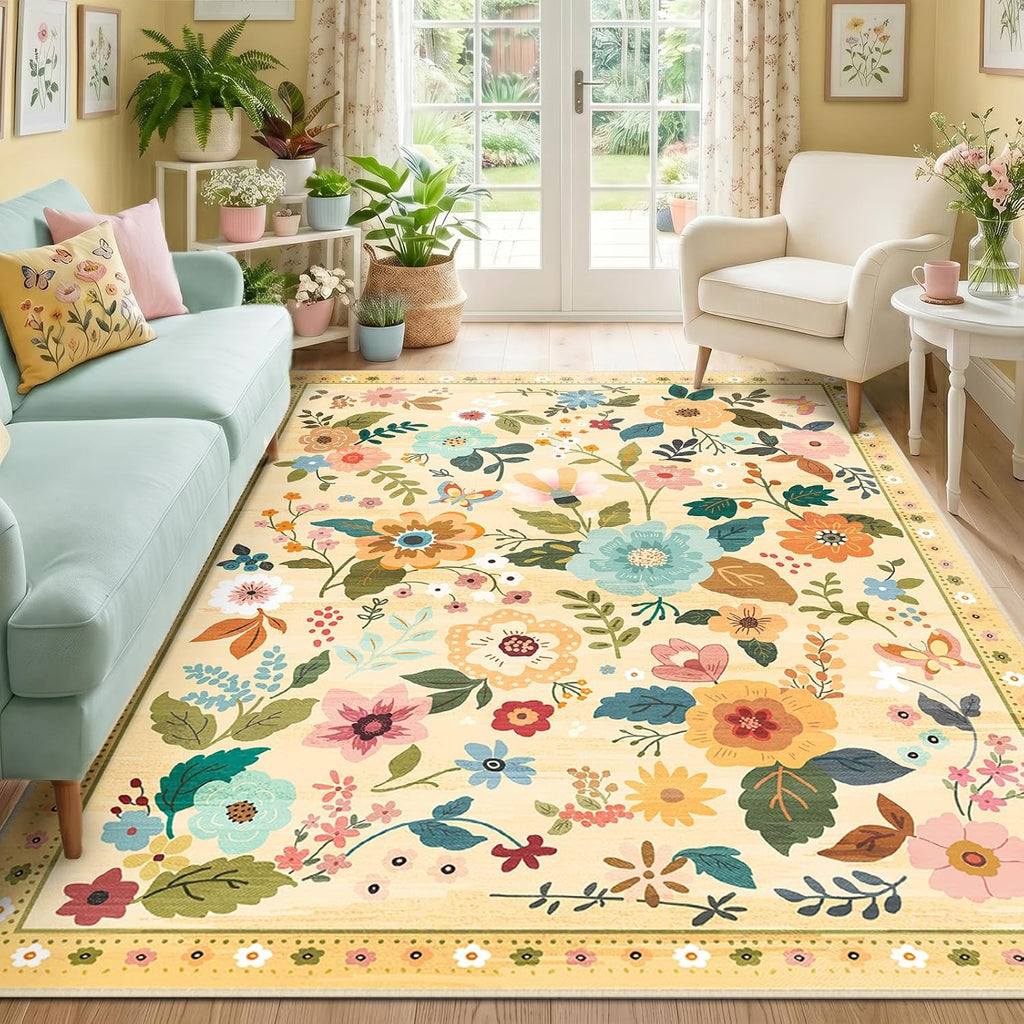 Floral 5x7 Area Rugs Washable Print Boho Cute Carpet Non Slip Flower Low Pile for Living Room Bedroom Kitchen Office Farmhouse-Ivory/Yellow