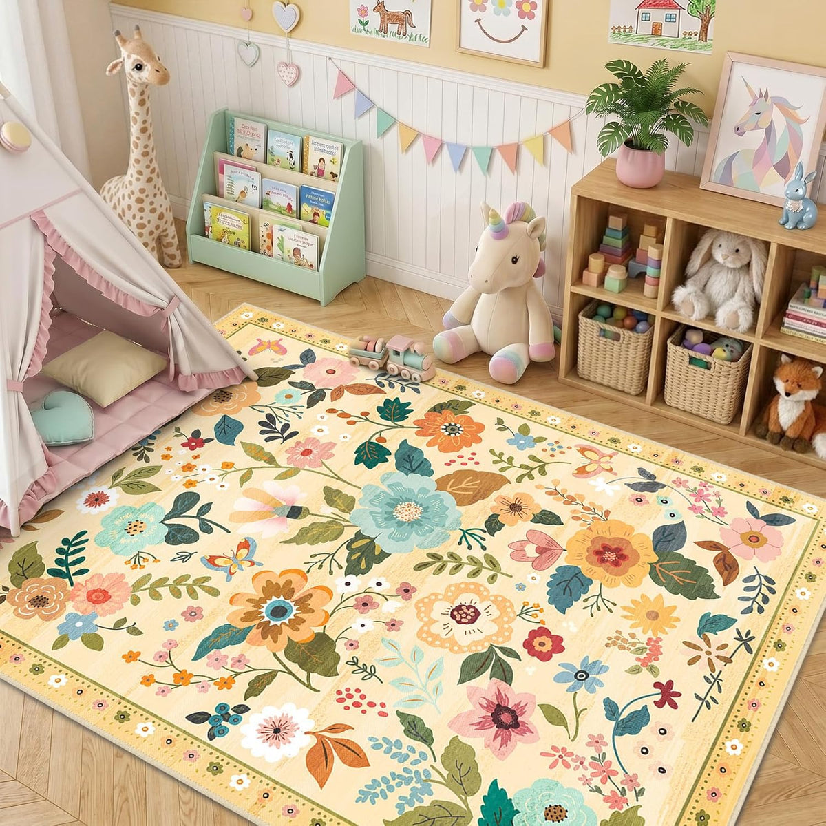 Floral 5x7 Area Rugs Washable Print Boho Cute Carpet Non Slip Flower Low Pile for Living Room Bedroom Kitchen Office Farmhouse-Ivory/Yellow