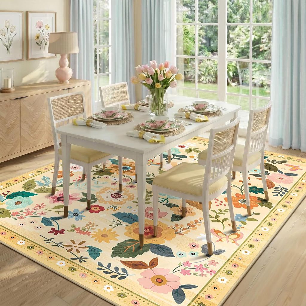 Floral 5x7 Area Rugs Washable Print Boho Cute Carpet Non Slip Flower Low Pile for Living Room Bedroom Kitchen Office Farmhouse-Ivory/Yellow
