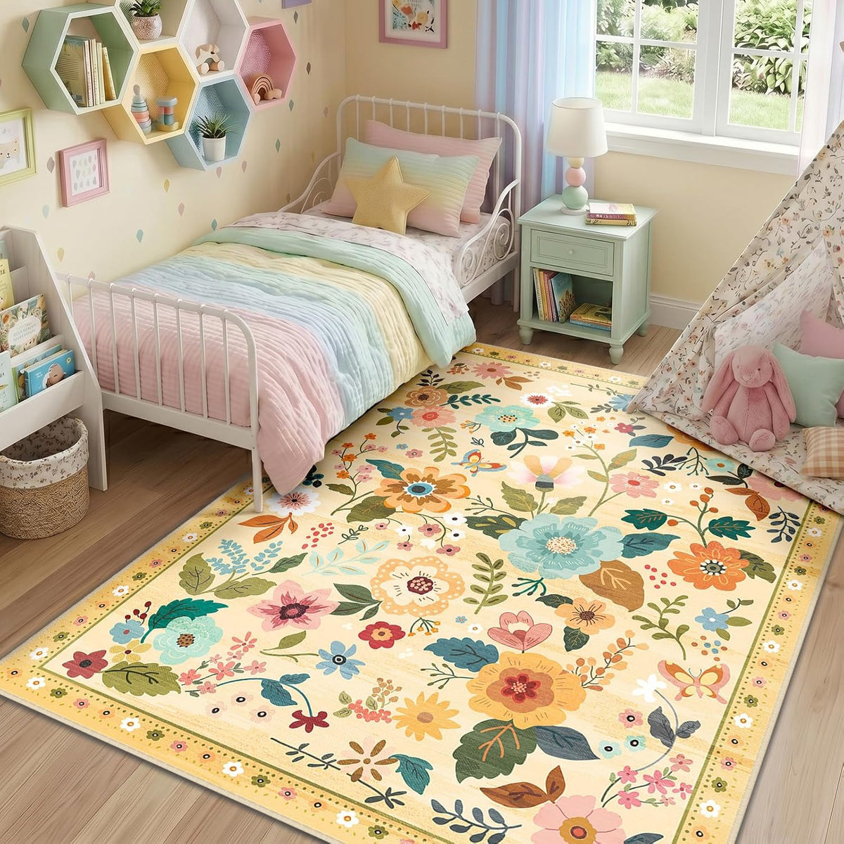 Floral 5x7 Area Rugs Washable Print Boho Cute Carpet Non Slip Flower Low Pile for Living Room Bedroom Kitchen Office Farmhouse-Ivory/Yellow