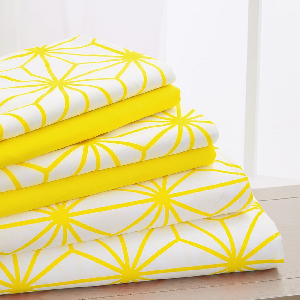 Luxury Soft 6-Piece Cube Geometric Pattern Sheet Set - 1500 Premium Quality Microfiber - Wrinkle and Fade Resistant Coziest Bedding Set, All Around Elastic Fitted Sheet, Queen, Yellow