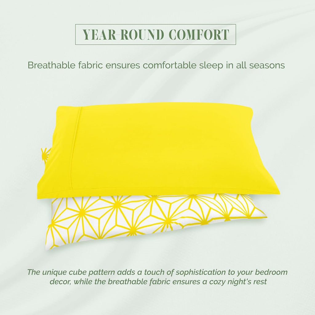Luxury Soft 6-Piece Cube Geometric Pattern Sheet Set - 1500 Premium Quality Microfiber - Wrinkle and Fade Resistant Coziest Bedding Set, All Around Elastic Fitted Sheet, Queen, Yellow