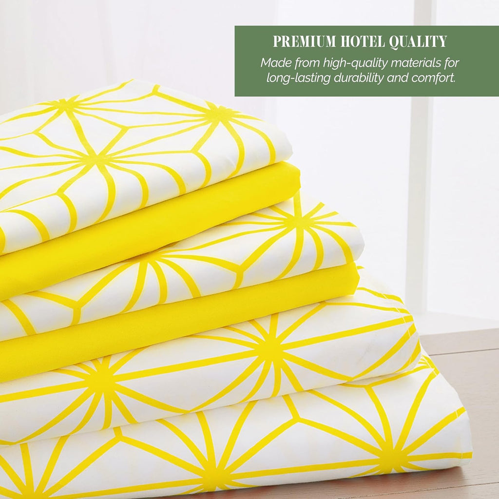 Luxury Soft 6-Piece Cube Geometric Pattern Sheet Set - 1500 Premium Quality Microfiber - Wrinkle and Fade Resistant Coziest Bedding Set, All Around Elastic Fitted Sheet, Queen, Yellow