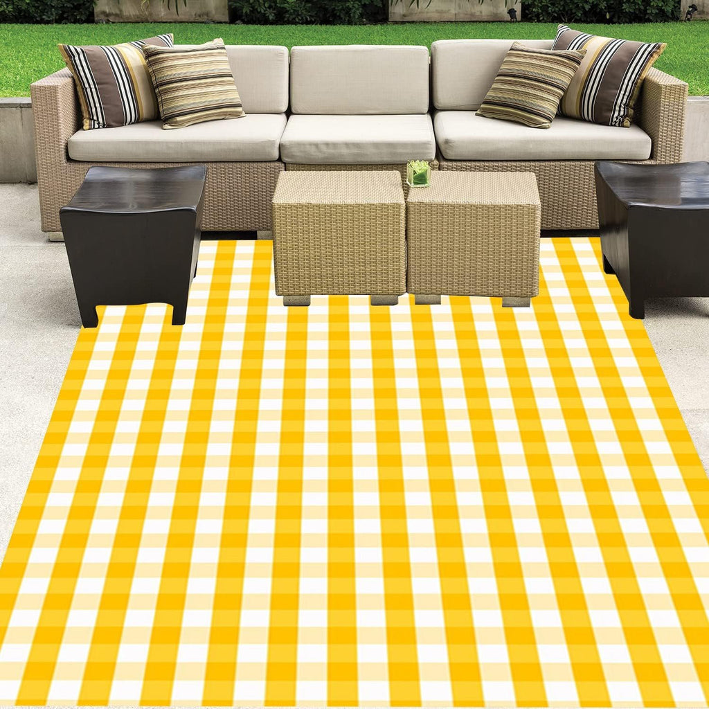 Bright Vibrant Yellow White Checkered Rug 3x5 for Porch Patio Deck Garden Poolside Washable Non Slip Durable Large Rugs Veranda Backyard Foyer Balcony Mats Retro Minimalist Classic Outdoor Carpet