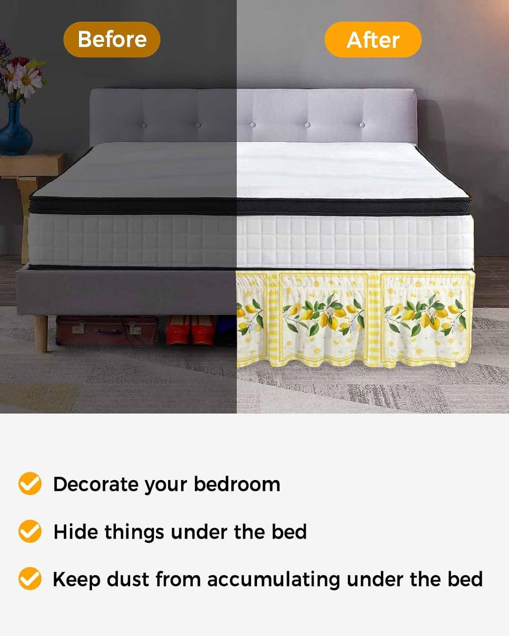 Yellow Lemons Bed Skirt Queen Size 16 Inch Drop, Adjustable Elastic Wrap Around Bed Skirts Easy Fitting Dust Ruffle Bedskirt Bed Frame Cover Summer Botanical Checkered Farmhouse
