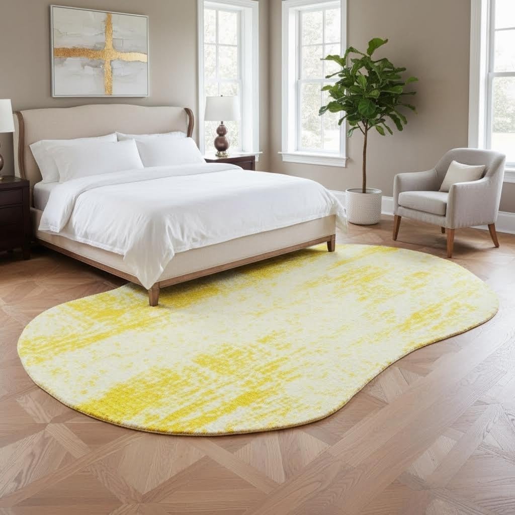 Modern Abstract Distressed Texture Irregular Shape Rug for Living Room Bedroom Guestroom Faux Wool Washable Carpet 2x3 Nordic Boho Classroom Nursery Apartment Durable Easy Clean Rugs Bright Yellow