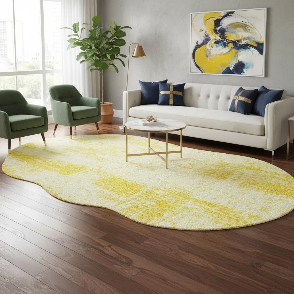 Modern Abstract Distressed Texture Irregular Shape Rug for Living Room Bedroom Guestroom Faux Wool Washable Carpet 2x3 Nordic Boho Classroom Nursery Apartment Durable Easy Clean Rugs Bright Yellow