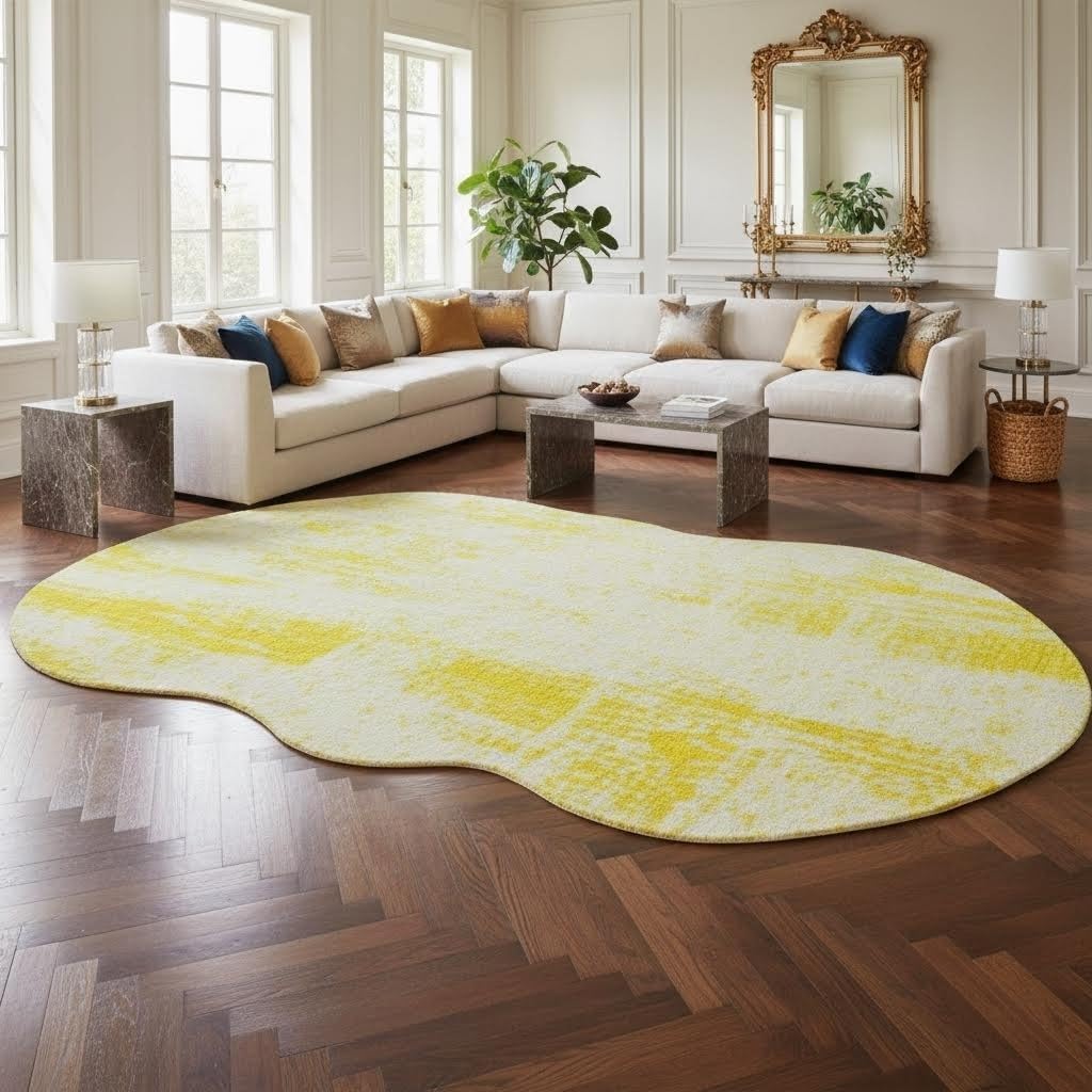 Modern Abstract Distressed Texture Irregular Shape Rug for Living Room Bedroom Guestroom Faux Wool Washable Carpet 2x3 Nordic Boho Classroom Nursery Apartment Durable Easy Clean Rugs Bright Yellow