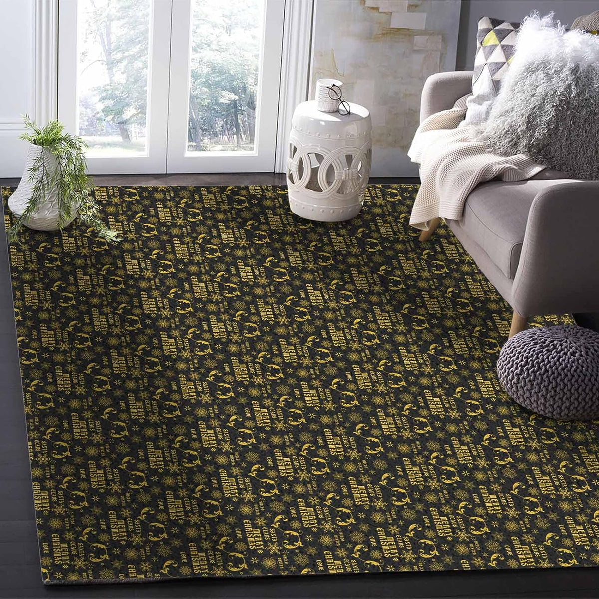 Yellow Black Christmas Snowflake Area Rug for Living Room 2x3 Modern Rug Washable Abstract Area Rug Large Non Slip Winter Xmas Geometric Floral Texture Floor Carpet Mat Indoor Rug for Bedroom Nursery