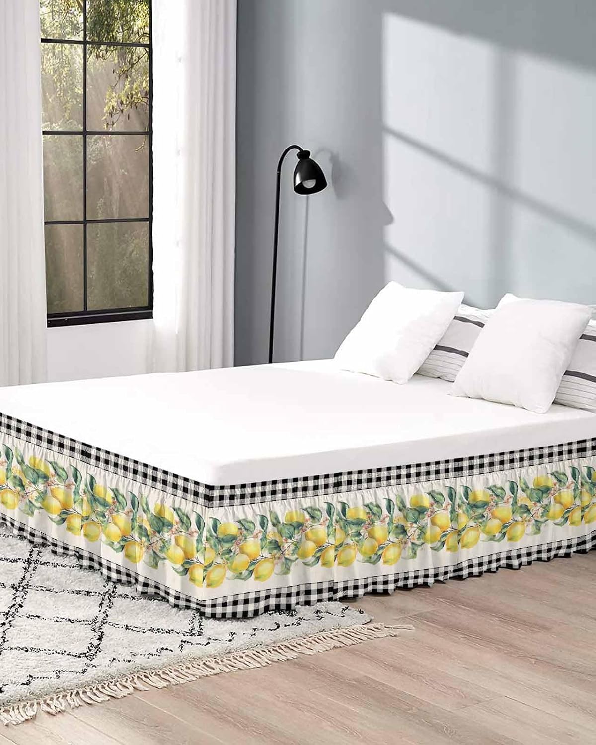 Yellow Lemons Bed Skirt Queen Size 16 Inch Drop, Adjustable Elastic Wrap Around Bed Skirts Easy Fitting Dust Ruffle Bedskirt Bed Frame Cover Summer Botanical Black White Plaid Rustic