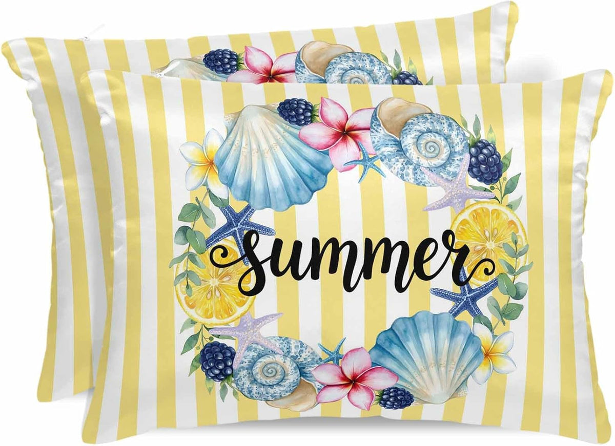 Satin Pillowcase for Hair and Skin Standard Size 2 Pack Starfish Shell Wreath Satin Pillow Case Soft Cool Silk Summer Lemon Yellow Stripes Pillowcases with Hidden Zipper Throw Pillow Covers 20x26 Inch