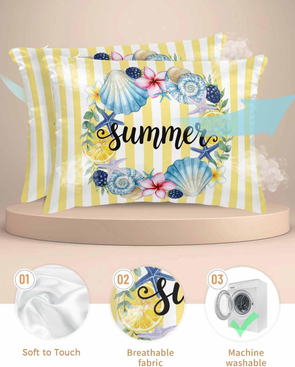 Satin Pillowcase for Hair and Skin Standard Size 2 Pack Starfish Shell Wreath Satin Pillow Case Soft Cool Silk Summer Lemon Yellow Stripes Pillowcases with Hidden Zipper Throw Pillow Covers 20x26 Inch