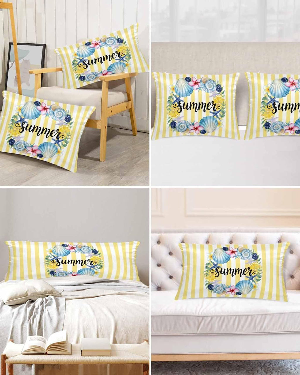 Satin Pillowcase for Hair and Skin Standard Size 2 Pack Starfish Shell Wreath Satin Pillow Case Soft Cool Silk Summer Lemon Yellow Stripes Pillowcases with Hidden Zipper Throw Pillow Covers 20x26 Inch