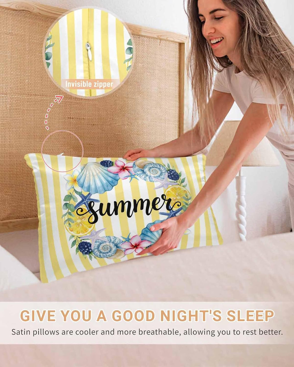 Satin Pillowcase for Hair and Skin Standard Size 2 Pack Starfish Shell Wreath Satin Pillow Case Soft Cool Silk Summer Lemon Yellow Stripes Pillowcases with Hidden Zipper Throw Pillow Covers 20x26 Inch