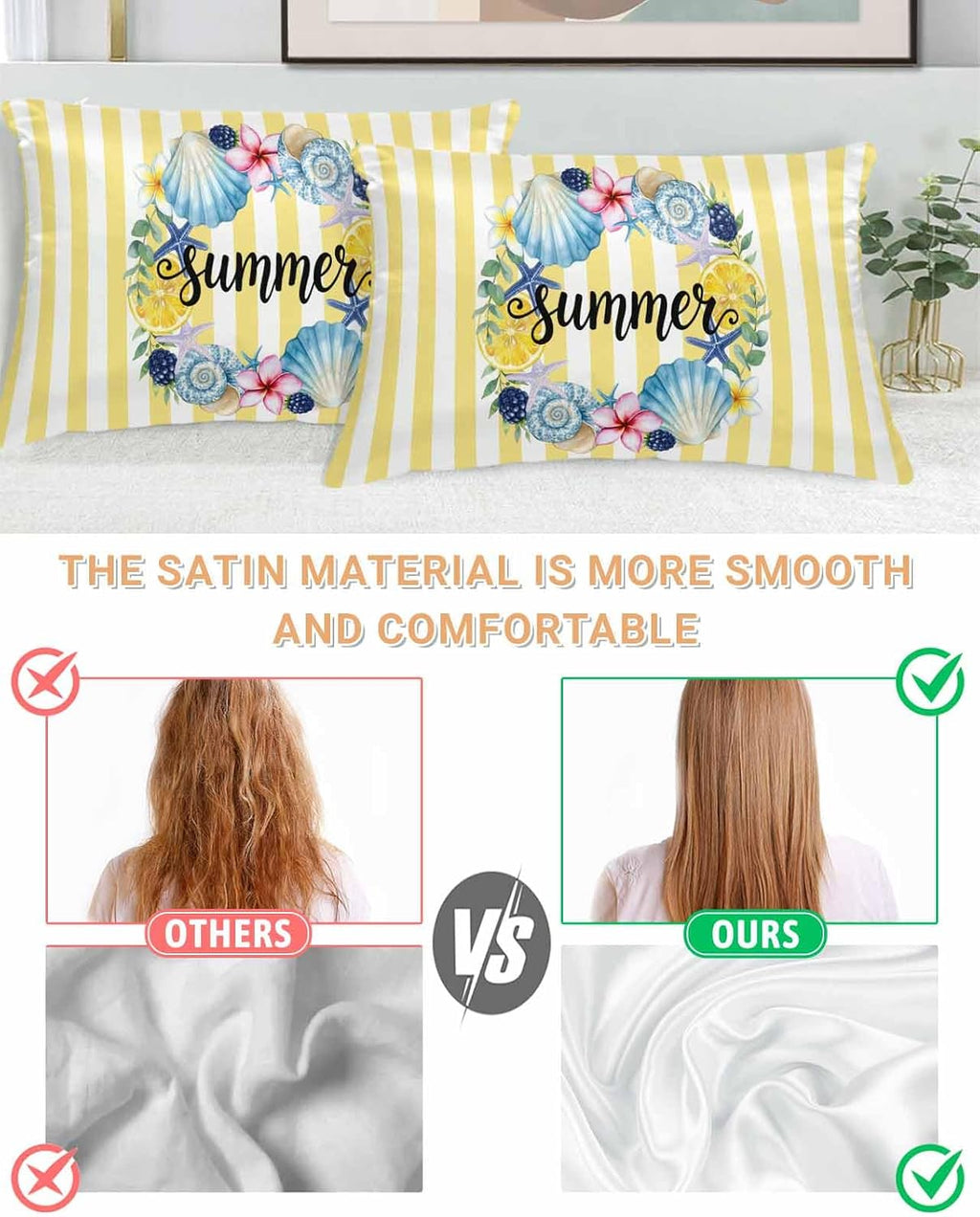 Satin Pillowcase for Hair and Skin Standard Size 2 Pack Starfish Shell Wreath Satin Pillow Case Soft Cool Silk Summer Lemon Yellow Stripes Pillowcases with Hidden Zipper Throw Pillow Covers 20x26 Inch
